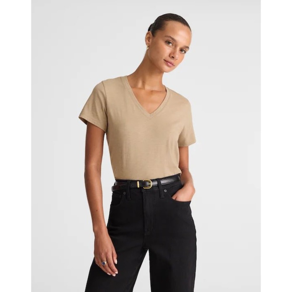 Madewell The Easy V-Neck‎ Tee in Soft Slub Wet Stobe Tan Beige Pima Cotton NS569